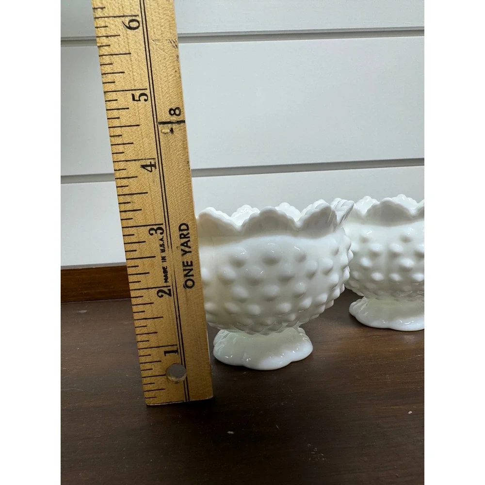 Fenton White Milk Glass Hobnail Scalloped Pedestal Votive Planter Set of 2